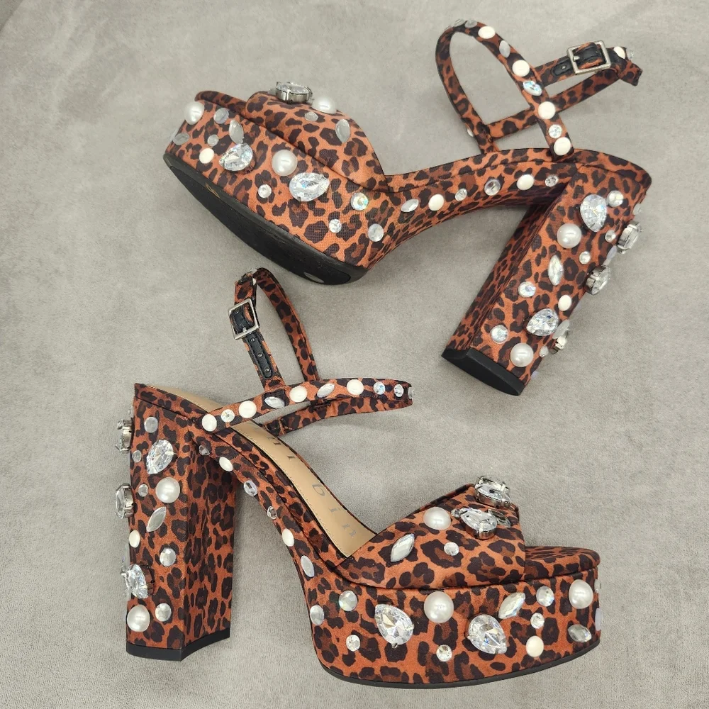 Gianni Bini Platform Sandals 8 Brown Leopard Satin Calvan Two Jeweled New $150 - Picture 5 of 17